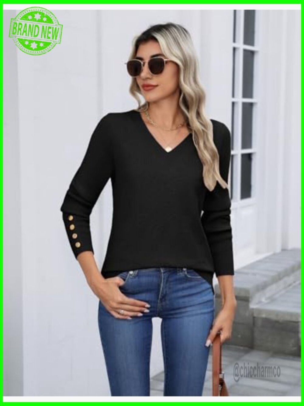 Lightweight Ribbed Knit Pullover Sweater with V-Neck and Button Cuffs - Picture 3 of 7
